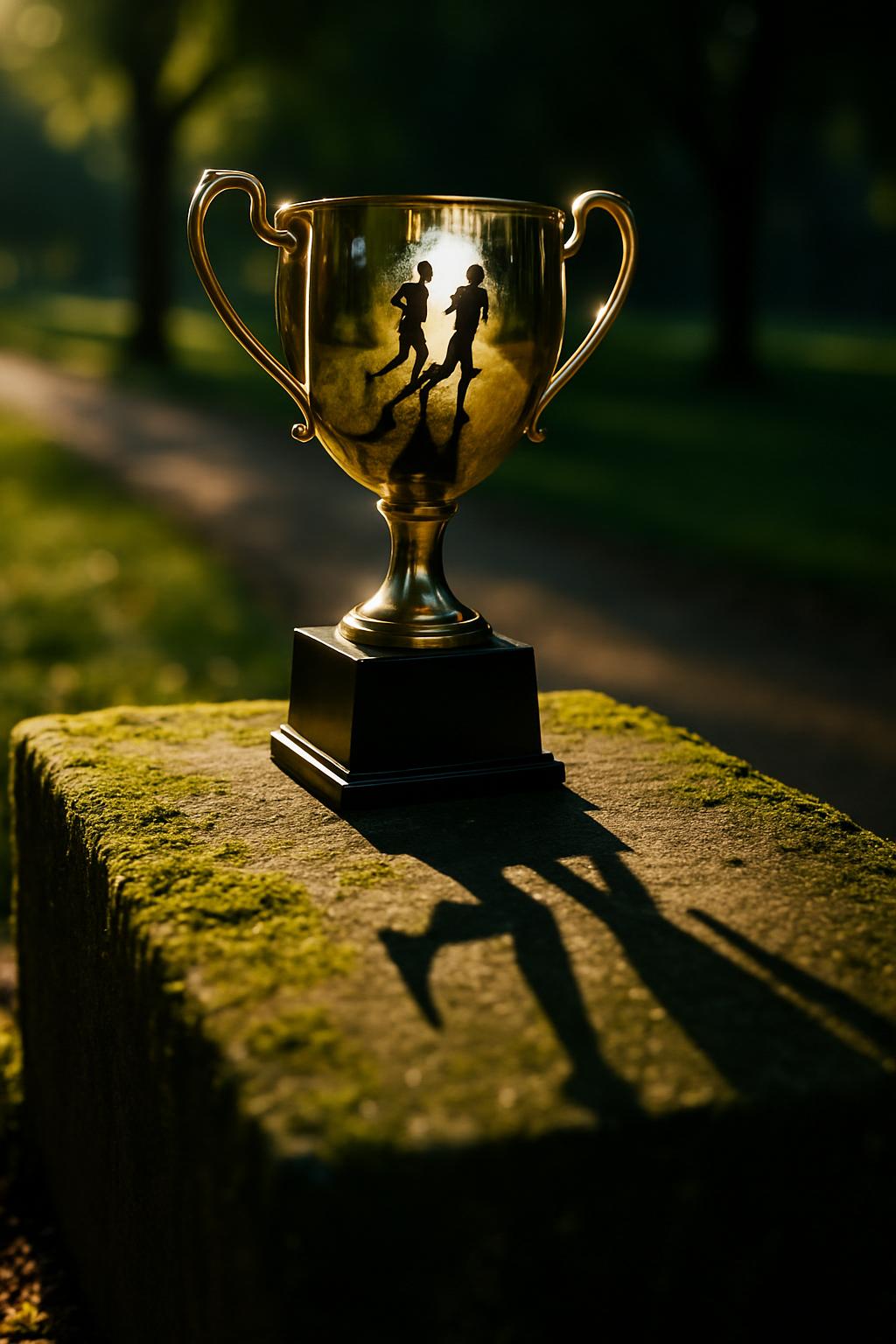 The alt text for this image would be "a golden trophy on a tree stump".