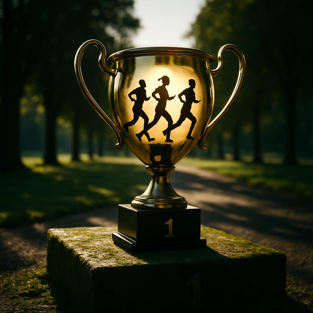 A trophy featuring silhouettes of three runners set against a backdrop of trees and a road during sunrise.