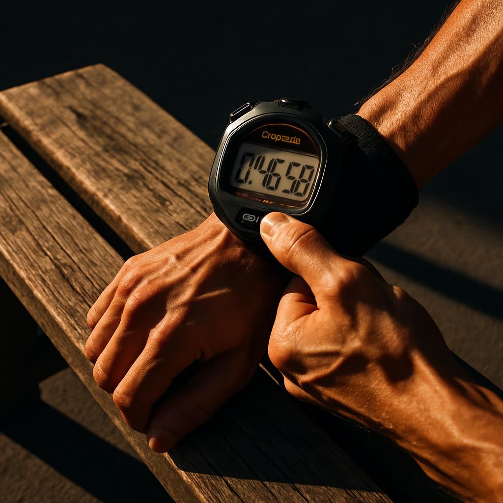 Este es un reloj con pantalla y el sujeto presionó la función "stop" con el dedo derecho. No implica que el reloj ya detuv...