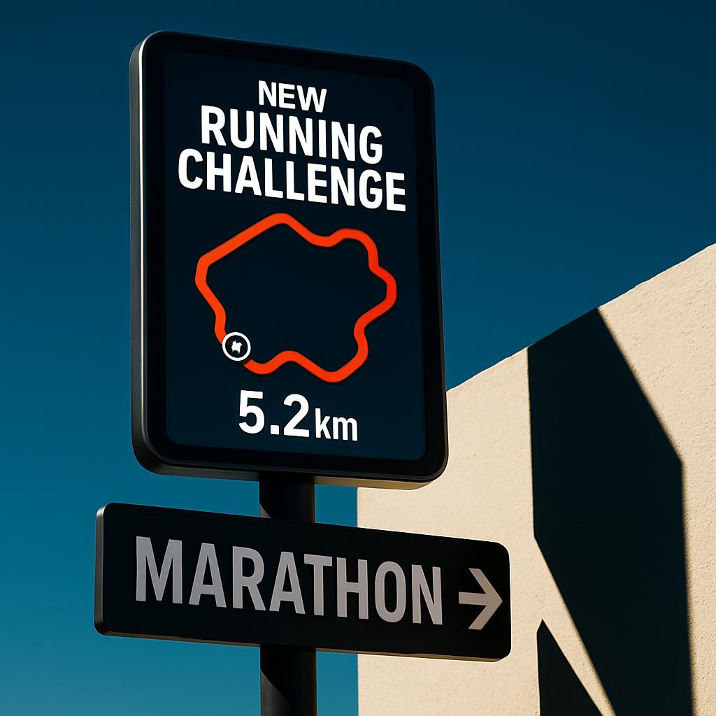 New running challenge. 5.2km. Marathon sign.